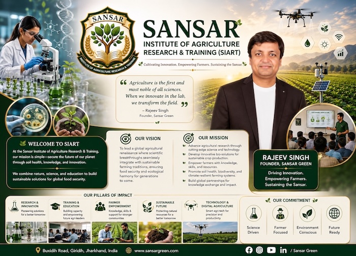 A professional promotional banner for SIART featuring Rajeev Singh, founder of Sansar Green. The banner displays a collage of modern agricultural laboratories, scientists, farmer training sessions, smart farming drones, precision agriculture technology, and lush sustainable crop fields