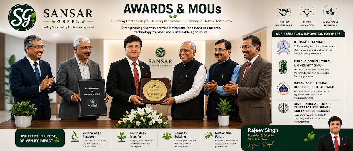 Rajeev Singh, Founder and Director of Sansar Green, receiving an award and exchanging an MoU with leading agricultural scientists and professors to strengthen research partnerships, innovation and sustainable agriculture.
