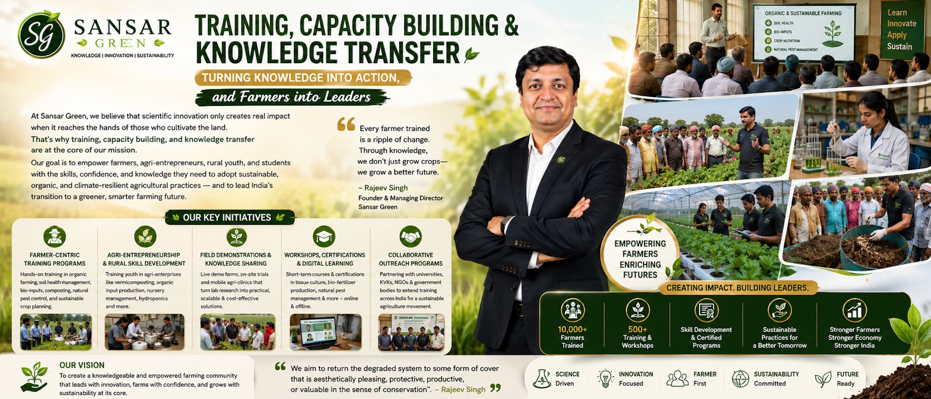 Rajeev Singh, Founder of Sansar Green, conducting farmer training sessions and practical workshops on organic farming, biofertilisers, hydroponics, sustainable agriculture, and modern farming technologies while mentoring farmers, students, and agri-entrepreneurs.