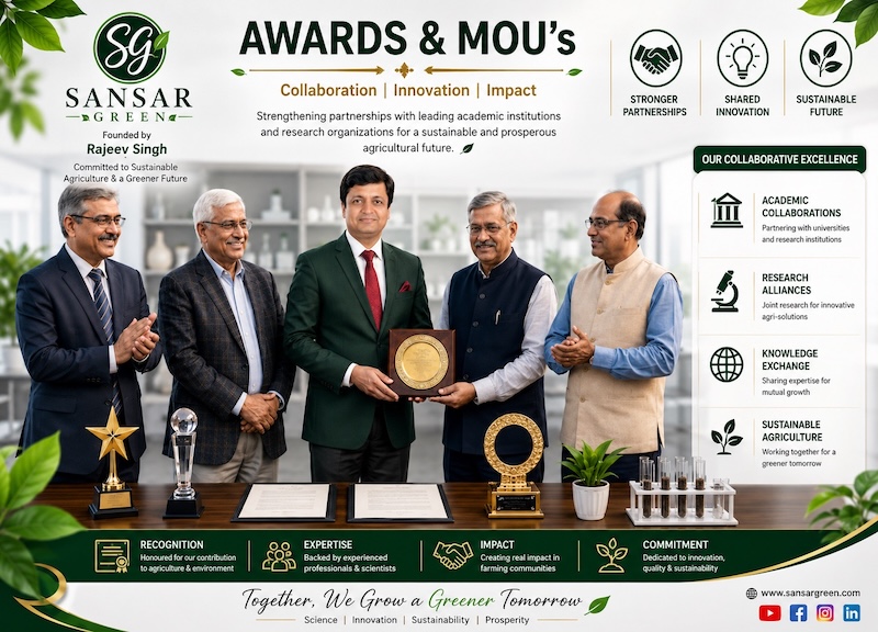Rajeev Singh, Founder of Sansar Green, receiving an award and exchanging Memorandums of Understanding (MoUs) with leading agricultural scientists, professors, and research institutions to strengthen agricultural research, innovation, academic collaboration, and sustainable farming.