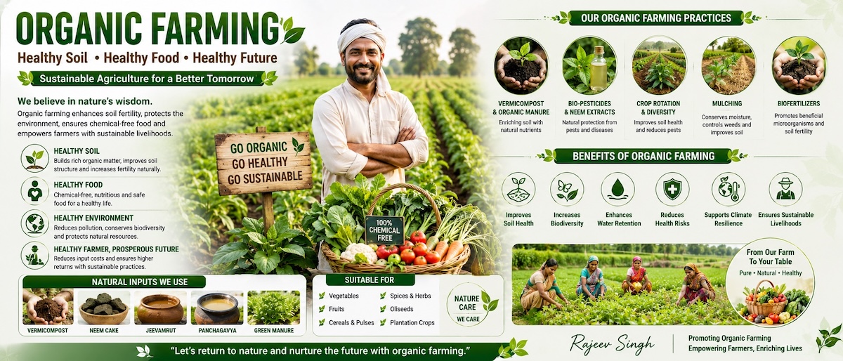 Rajeev Singh SIART Organic Farming infographic featuring sustainable agriculture practices, organic inputs, biofertilizers, vermicompost, crop diversification, healthy food production, soil health improvement, and farmer empowerment through eco-friendly farming methods.