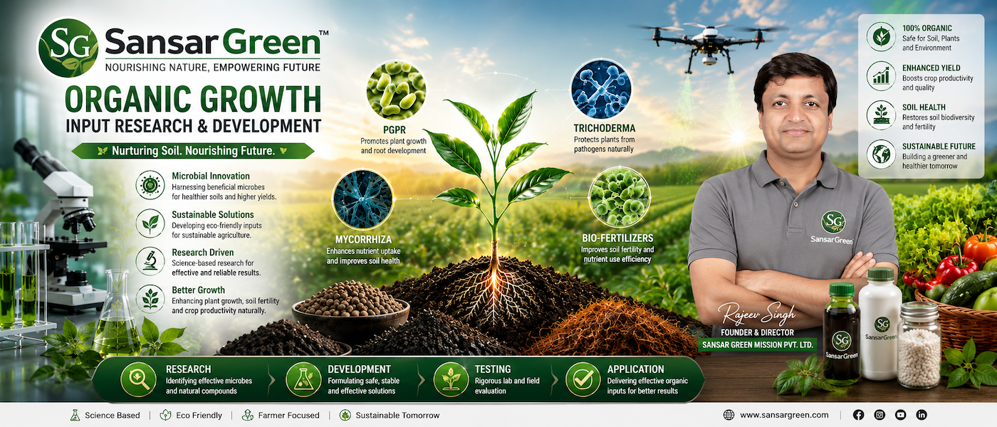 Rajeev Singh, Founder & Director of Sansar Green, showcasing organic growth input research and development with PGPR, Trichoderma, Mycorrhiza, Bio-Fertilizers, laboratory research, sustainable agriculture, and healthy crop production.