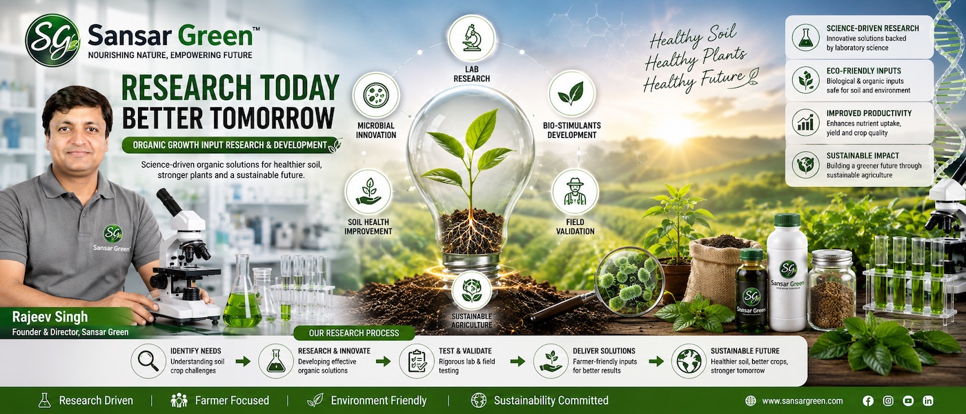 Rajeev Singh, Founder & Director of Sansar Green, presenting organic growth input research and development with advanced laboratory research, soil health innovation, microbial science, bio-fertilizers, sustainable farming, and plant growth technologies.