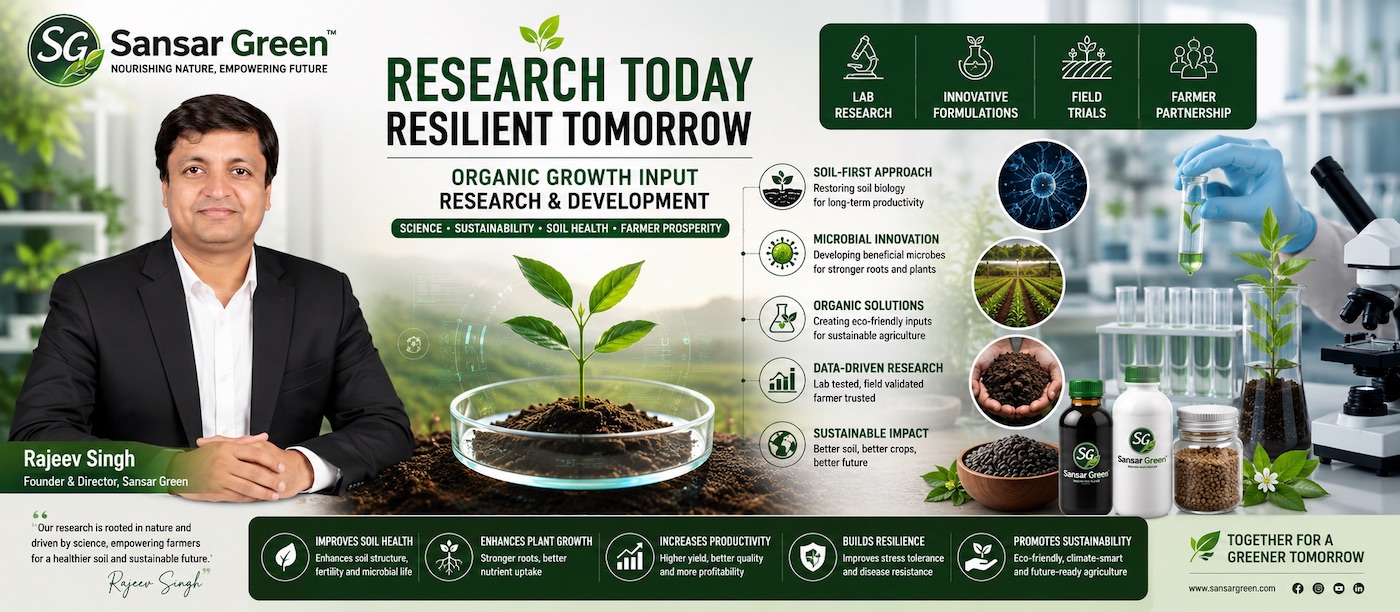 Rajeev Singh, Founder and Director of Sansar Green, highlighting advanced organic agricultural research, laboratory innovation, soil health improvement, bio-fertilizer development, microbial technology, and sustainable farming solutions.
