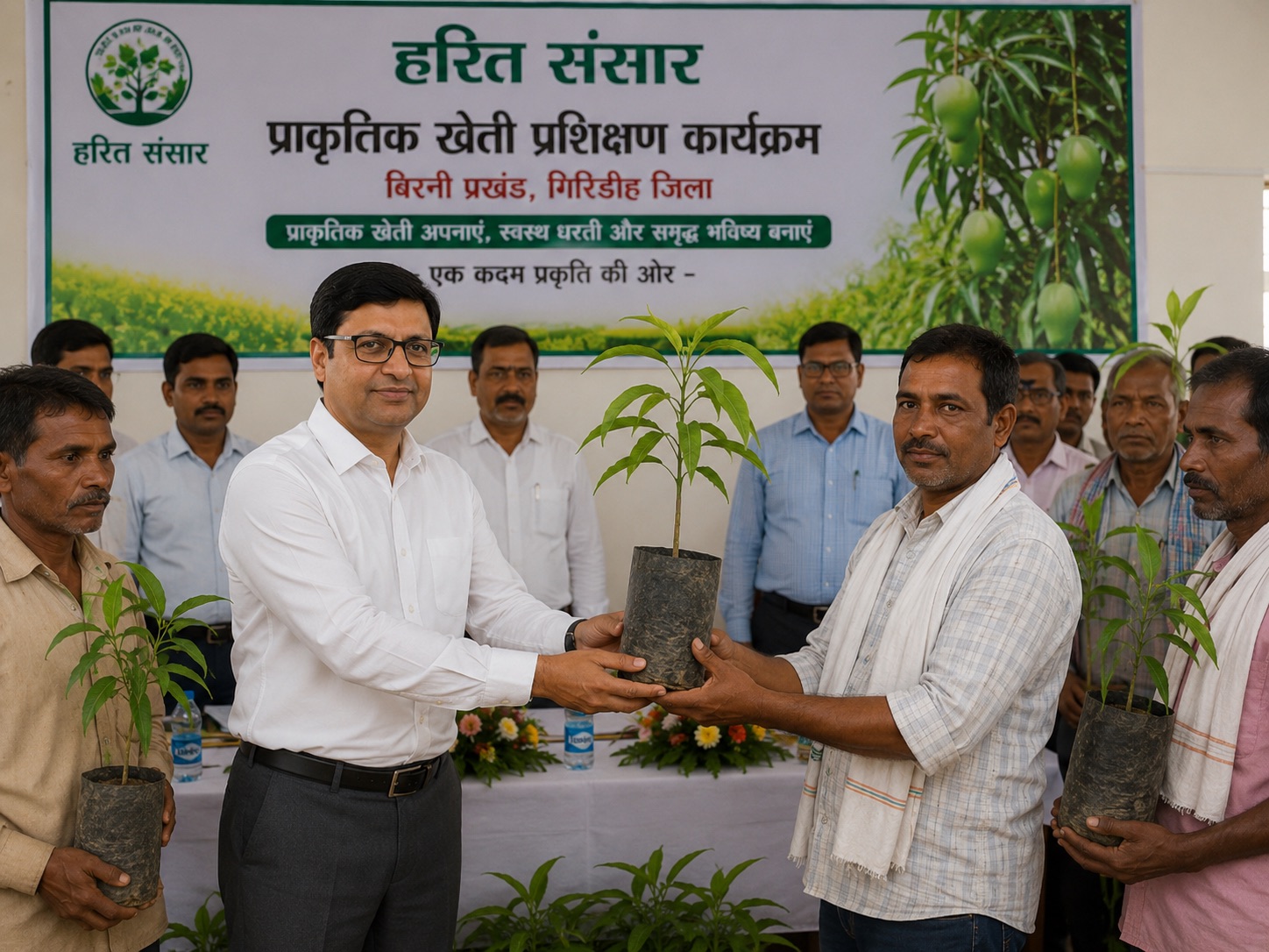 Rajeev Singh of Sansar Green presenting mango saplings to farmers during the Harit Sansar plantation initiative in Birni, Giridih, Jharkhand, encouraging tree plantation, sustainable farming, and a greener future.