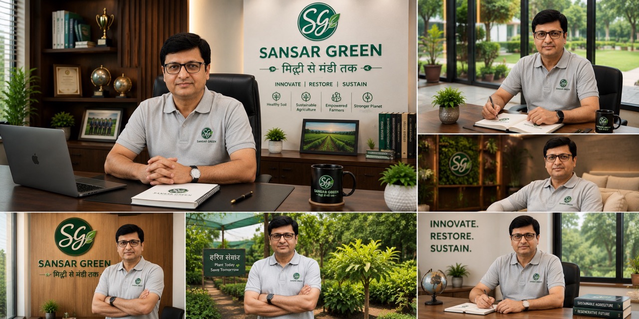 Rajeev Singh, Chairman of Sansar Green, presents the vision of "मिट्टी से मंडी तक", showcasing an integrated agricultural ecosystem with healthy soil, advanced bio-fertilizer research, precision farming, AI-powered agriculture, thriving crops, farmer training, sustainable supply chains, and modern marketplaces. The image represents Sansar Green's commitment to innovation, farmer prosperity, and sustainable agriculture from Giridih and Ranchi, Jharkhand, to the entire nation.