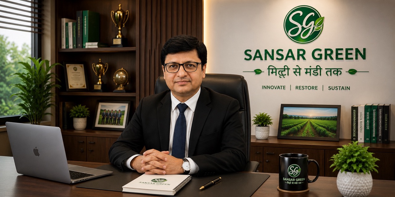 Rajeev Singh, Chairman of Sansar Green, stands at the center of a modern agricultural ecosystem representing the vision of "मिट्टी से मंडी तक" (From Soil to Market). Surrounded by healthy farmland, research laboratories, bio-fertilizer innovation, AI-enabled agriculture, sustainable farming, logistics, marketplaces, and empowered farmers, the image symbolizes Sansar Green's mission to transform Indian agriculture through science, sustainability, and innovation from Giridih and Ranchi in Jharkhand to communities across India.
