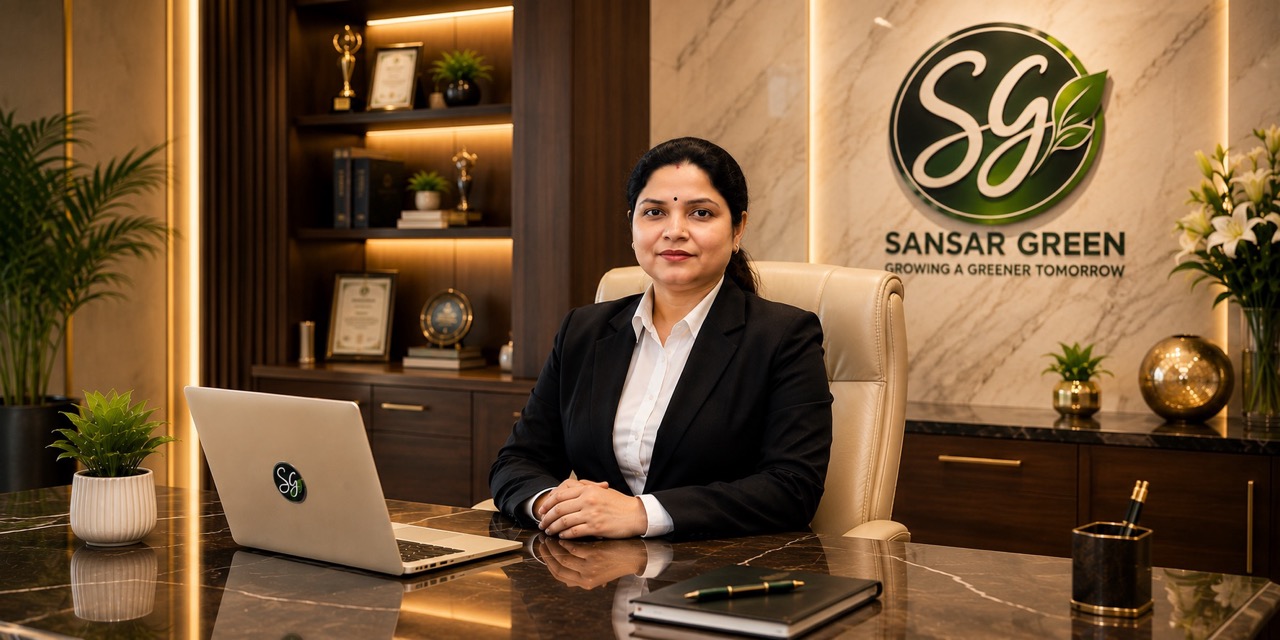 Rimi Singh, Managing Director of Sansar Green, stands confidently in a premium executive office featuring the illuminated Sansar Green logo, symbolizing sustainable agriculture, innovation, and green leadership in Giridih, Jharkhand, with the Harit Sansar mission expanding across Ranchi, Bhagalpur, Bihar, and India.