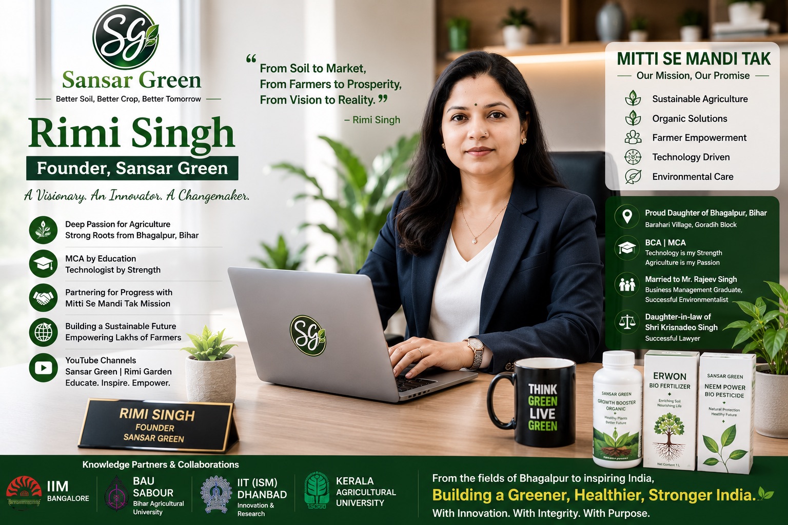Mrs. Rimi Singh from Bhagalpur, Bihar, Founder of Sansar Green, entrepreneur and technology professional, seated in her corporate office representing women leadership, sustainable agriculture, Harit Sansar, and the Mitti Se Mandi (Soil to Market) mission empowering farmers across India.