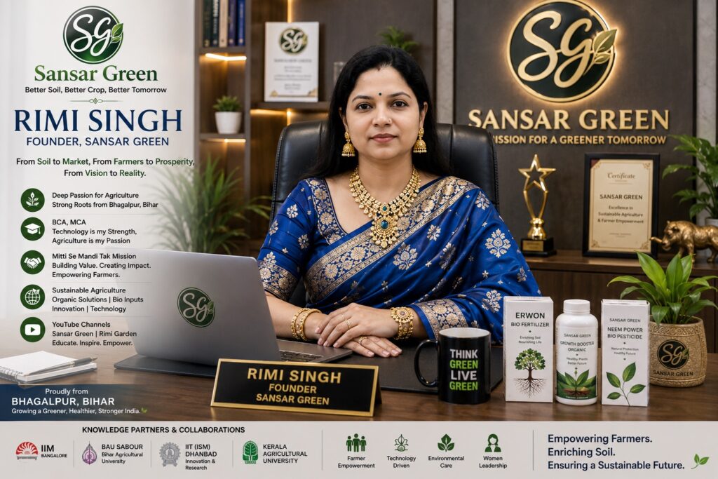 Mrs. Rimi Singh, entrepreneur from Bhagalpur, Bihar, Founder of Sansar Green, seated in her executive office, representing women leadership, agritech innovation, sustainable agriculture, Harit Sansar, and the Mitti Se Mandi (Soil to Market) mission for empowering Indian farmers.