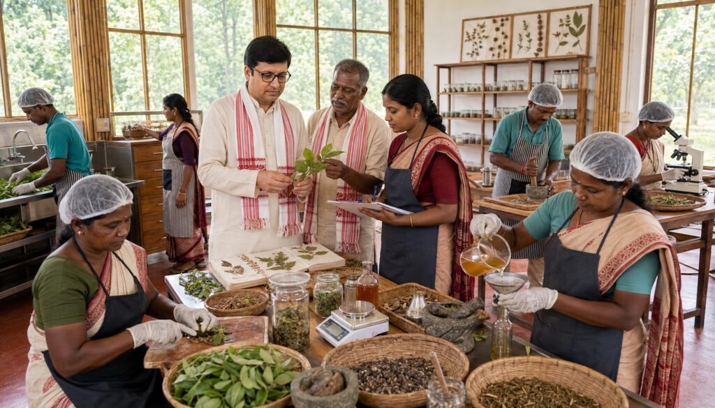 Rajeev Singh works with tribal knowledge-holders and researchers at a bright community herbal processing centre in Jharkhand. The team dries, identifies, sorts, weighs, grinds and documents medicinal plants as part of the Hodopathy research initiative.