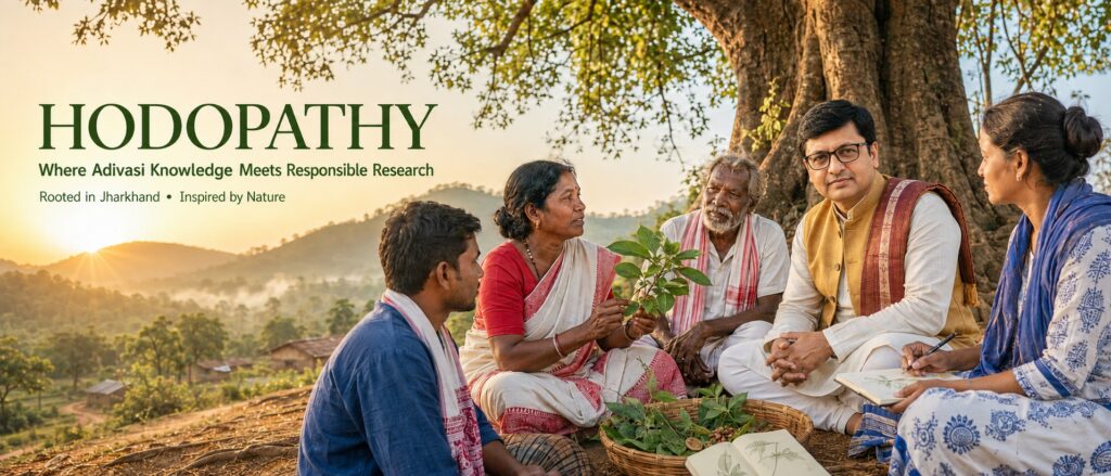 Mixed-media Hodopathy artwork featuring Rajeev Singh, Adivasi knowledge holders, pressed native plants, botanical records and modern research elements from Jharkhand.