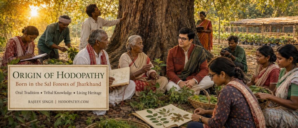 Rajeev Singh, wearing terracotta traditional attire, sits beneath an ancient sal tree with tribal knowledge-holders in Jharkhand. Elders explain medicinal plants and botanical drawings while community researchers document oral knowledge, prepare herbarium specimens and support plant conservation.
