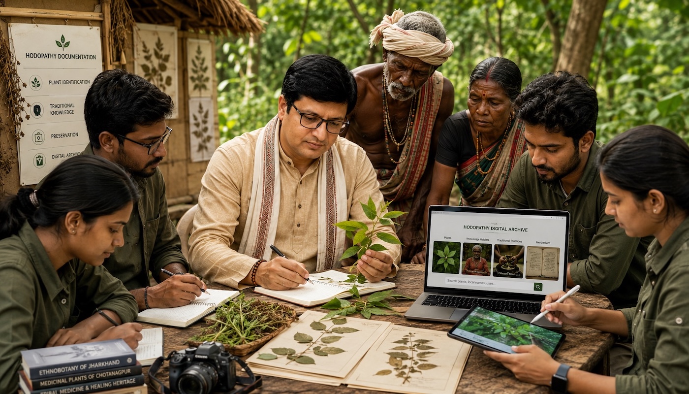 Rajeev Singh leading a field research team and tribal elders in documenting Hodopathy traditional medicinal plant knowledge in Jharkhand