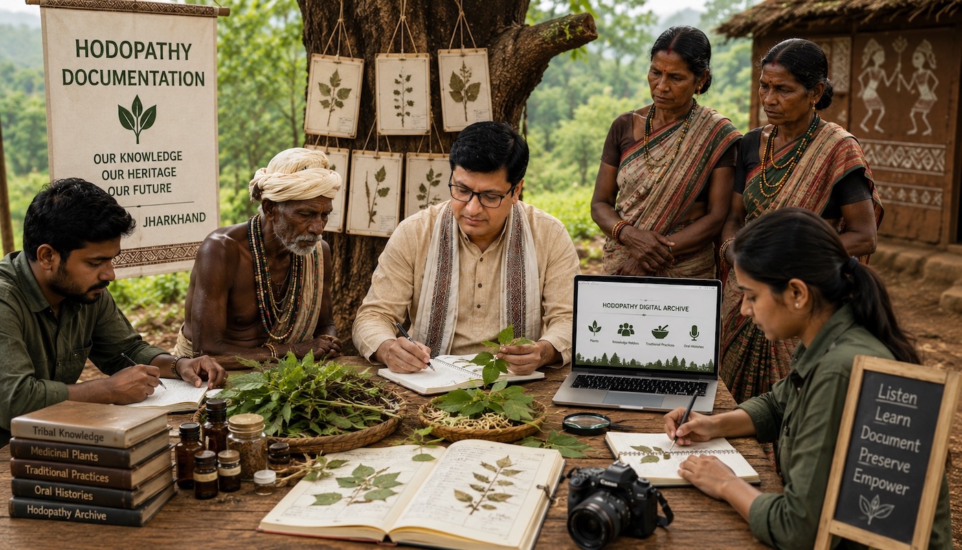 Rajeev Singh documenting Hodopathy with tribal knowledge holders and a research team preserving traditional medicinal plant knowledge in Jharkhand