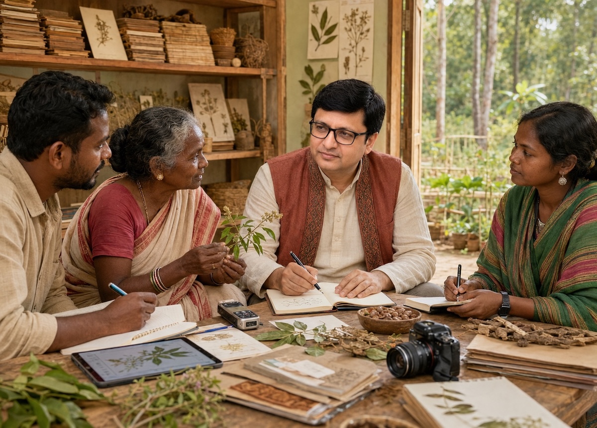 Rajeev Singh working with Jharkhand Adivasi knowledge holders to document Hodopathy traditional medicinal plants, oral traditions and indigenous knowledge