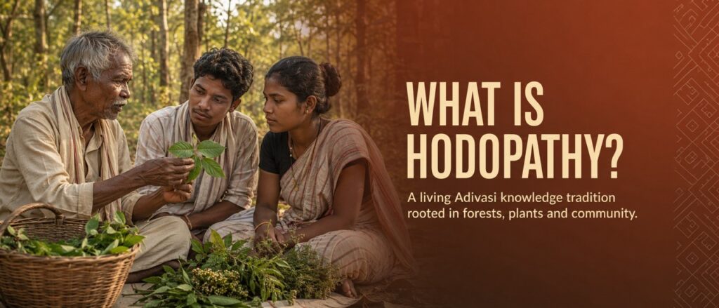 Rajeev Singh and tribal knowledge holders examining medicinal forest plants in Jharkhand for the Hodopathy preservation initiative.