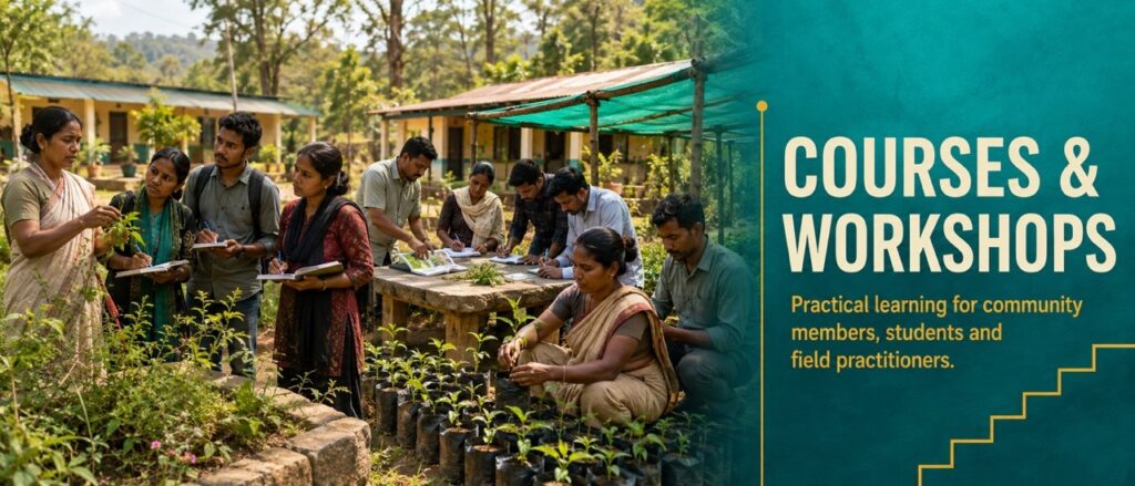 Community members, students, and field practitioners participating in practical workshops on indigenous plant care and learning for Hodopathy in Jharkhand, supported by Rajeev Singh.