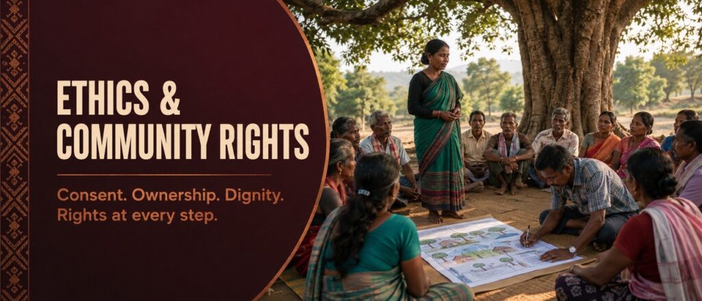 Adivasi community members gathered under a large sal tree mapping consent and rights for Hodopathy in Jharkhand, supported by Rajeev Singh.