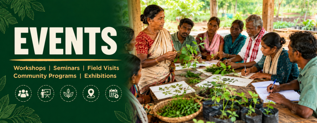Adivasi community members and researchers participating in workshops, seminars, and plant documentation events for Hodopathy in Jharkhand, supported by Rajeev Singh.