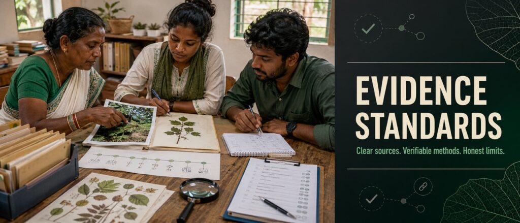 Adivasi elders and researchers reviewing documented plant records and evidentiary frameworks for Hodopathy in Jharkhand, supported by Rajeev Singh.