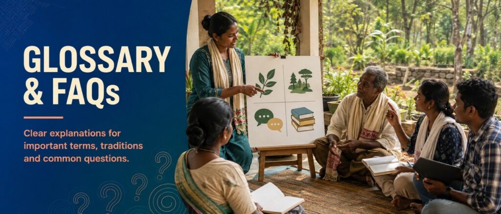 Community members and educators reviewing visual charts and answering questions for the Hodopathy glossary and FAQs in Jharkhand, supported by Rajeev Singh.