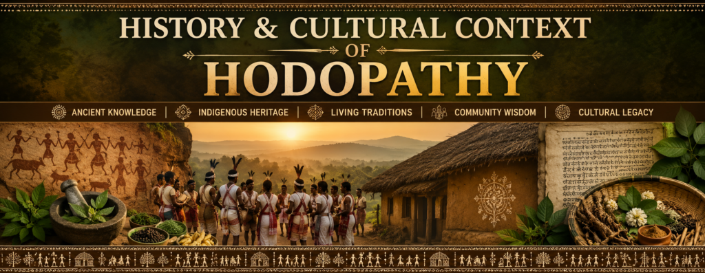 An artistic collage displaying ancient rock art, traditional Adivasi community gatherings, herbal medicine preparation, and cultural heritage for Hodopathy in Jharkhand, supported by Rajeev Singh.