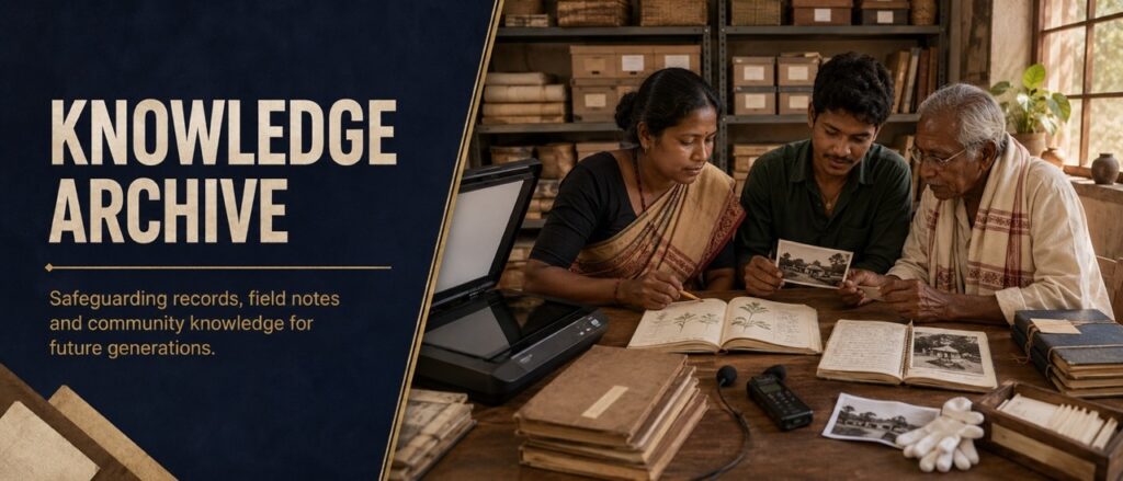 Adivasi community members and elders reviewing field notes, historic photographs, and documented plant records at the Hodopathy Knowledge Archive in Jharkhand, supported by Rajeev Singh.