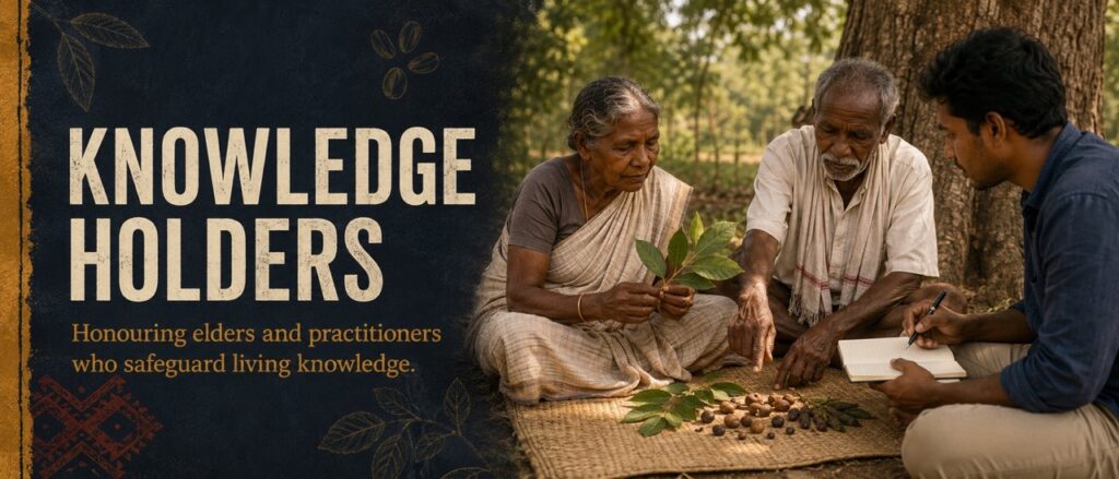 Adivasi elders and traditional practitioners sharing ancestral plant wisdom with a researcher documenting Hodopathy in Jharkhand, supported by Rajeev Singh.