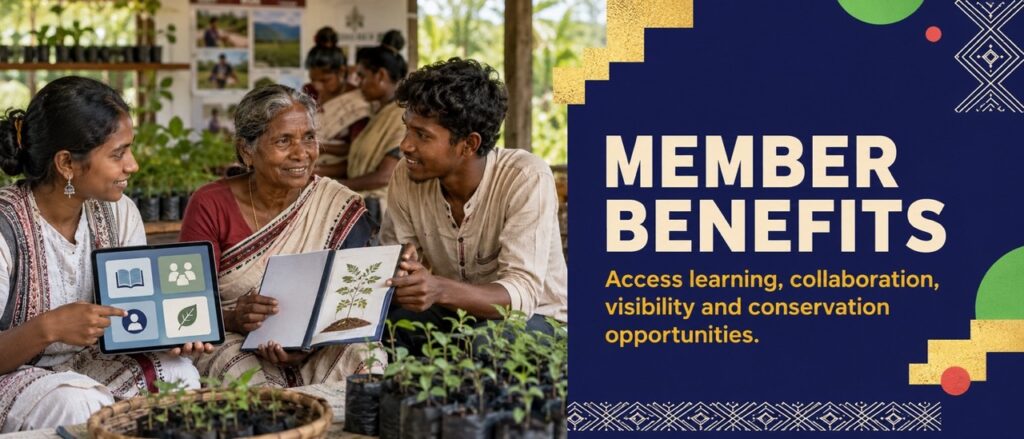 An Adivasi elder, youth, and researcher reviewing digital and physical plant records to explore member benefits for Hodopathy in Jharkhand, supported by Rajeev Singh.