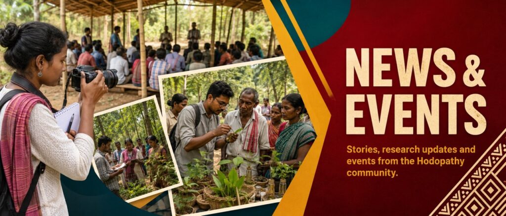 A collage of community meetings, field research, and documentation events capturing news and updates for Hodopathy in Jharkhand, supported by Rajeev Singh.