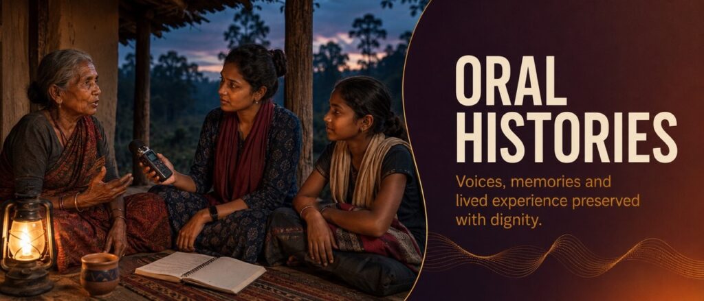 Adivasi elder sharing traditional knowledge and lived experiences with a researcher recording oral histories for Hodopathy in Jharkhand, supported by Rajeev Singh.