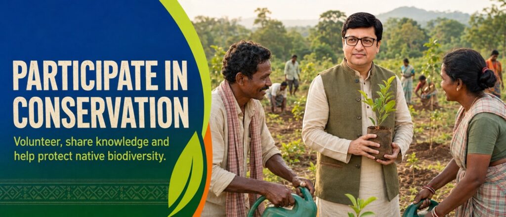 Environmentalist Rajeev Singh and Adivasi community members volunteering together to plant saplings and protect native biodiversity for Hodopathy in Jharkhand.