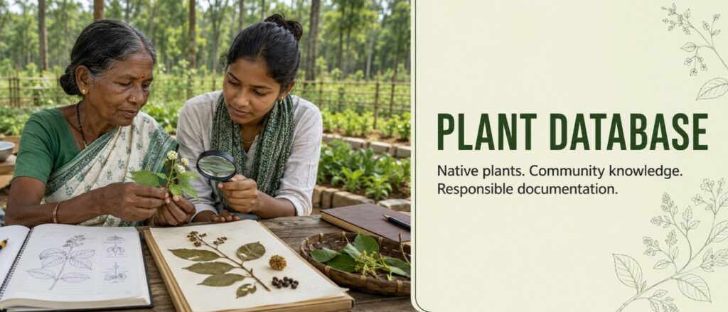 An Adivasi elder and researcher examining native medicinal plant specimens and herbarium records for the Hodopathy Plant Database in Jharkhand, supported by Rajeev Singh.