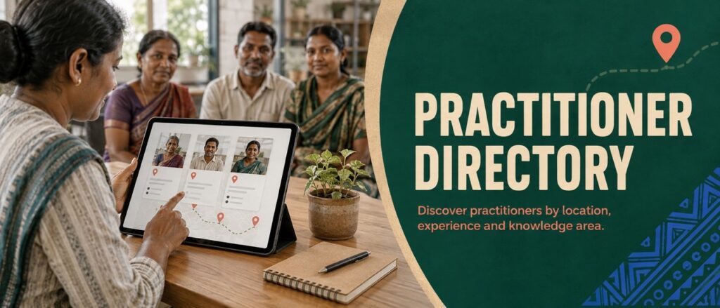 A community member browsing the Hodopathy practitioner directory on a digital tablet to find verified traditional practitioners in Jharkhand, supported by Rajeev Singh.