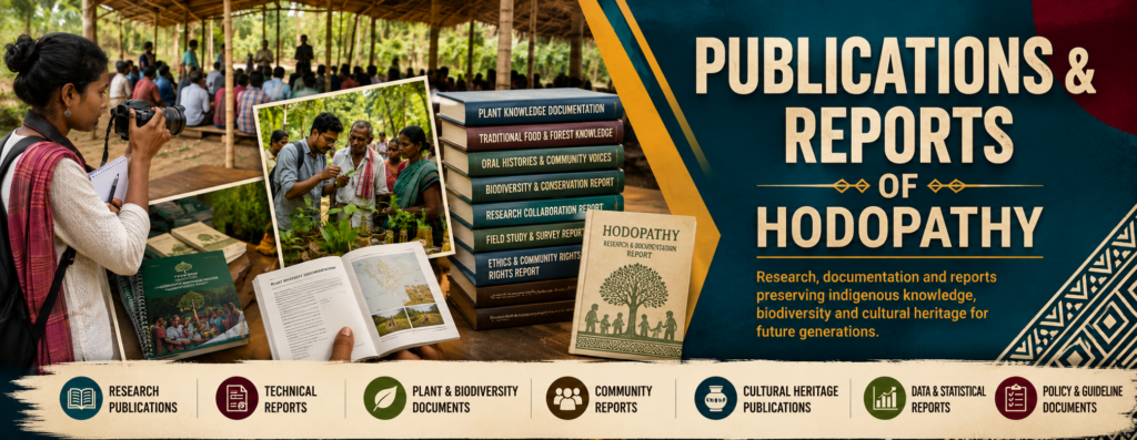 A collage of research books, field documents, and documentation reports showcasing publications for Hodopathy in Jharkhand, supported by Rajeev Singh.