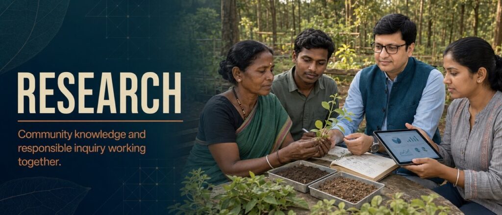 Environmentalist Rajeev Singh, Adivasi knowledge holders, and researchers collaborating on ethical field research and plant data analysis for Hodopathy in Jharkhand.