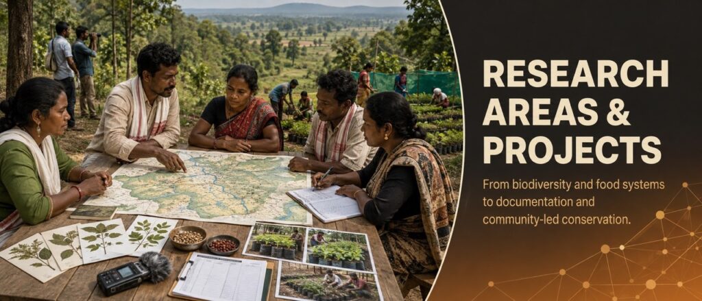 Adivasi community members and researchers gathered around a table studying field maps and plant specimens for Hodopathy research projects in Jharkhand, supported by Rajeev Singh.