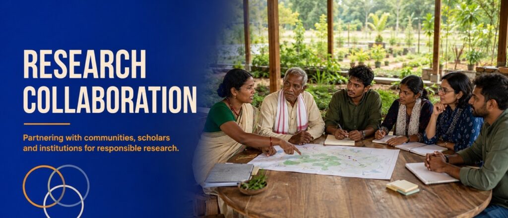 Adivasi elders, academic scholars, and researchers collaborating around a table for Hodopathy research initiatives in Jharkhand, supported by Rajeev Singh.