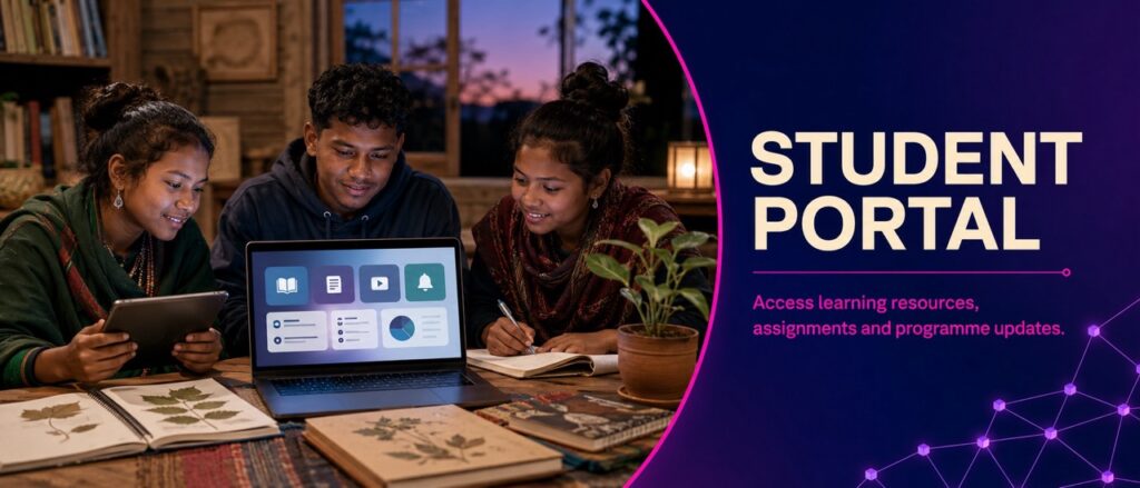 Students collaborating around a laptop and notebooks to access learning resources on the Hodopathy student portal in Jharkhand, supported by Rajeev Singh.