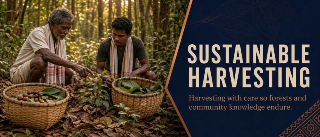 Adivasi community members carefully harvesting medicinal plants and forest resources in a sal forest for Hodopathy in Jharkhand, supported by Rajeev Singh.