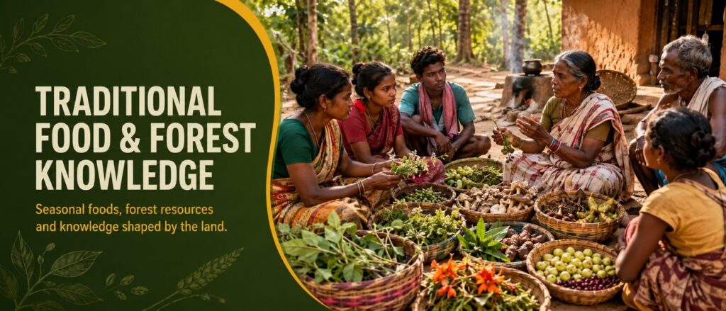 Adivasi community members gathering and sorting seasonal forest resources and traditional foods for Hodopathy in Jharkhand, supported by Rajeev Singh.