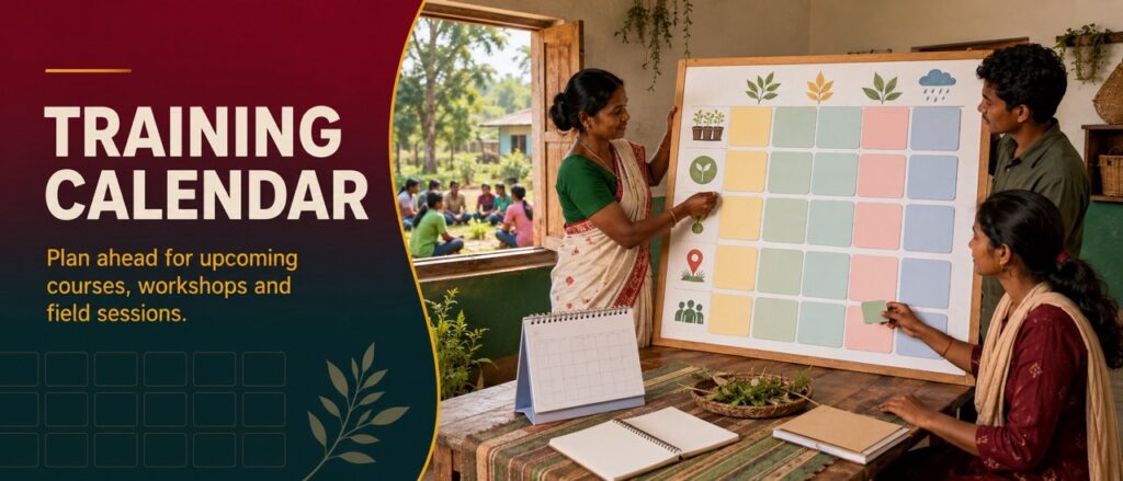 Community members planning upcoming courses, workshops, and field sessions on the Hodopathy training calendar in Jharkhand, supported by Rajeev Singh.