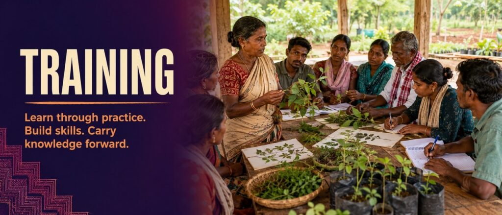 An Adivasi elder training community members, students, and researchers in plant identification and documentation for Hodopathy in Jharkhand, supported by Rajeev Singh.