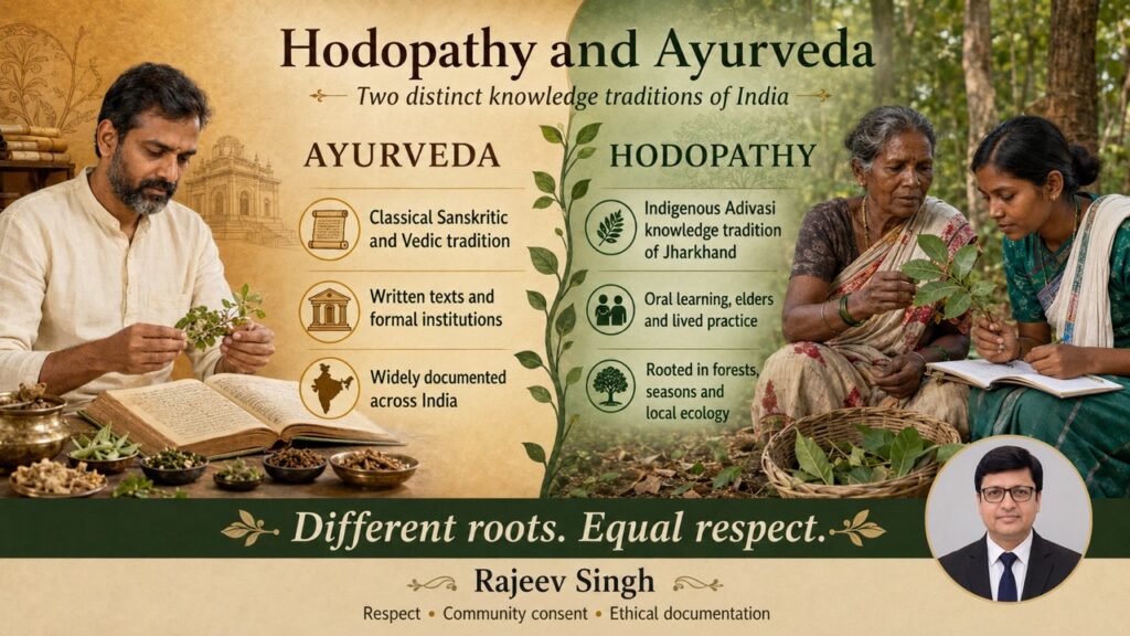 Comparison infographic by Rajeev Singh explaining the differences between Ayurveda and Hodopathy, featuring Ayurvedic texts and Adivasi knowledge holders in Jharkhand forest setting.
