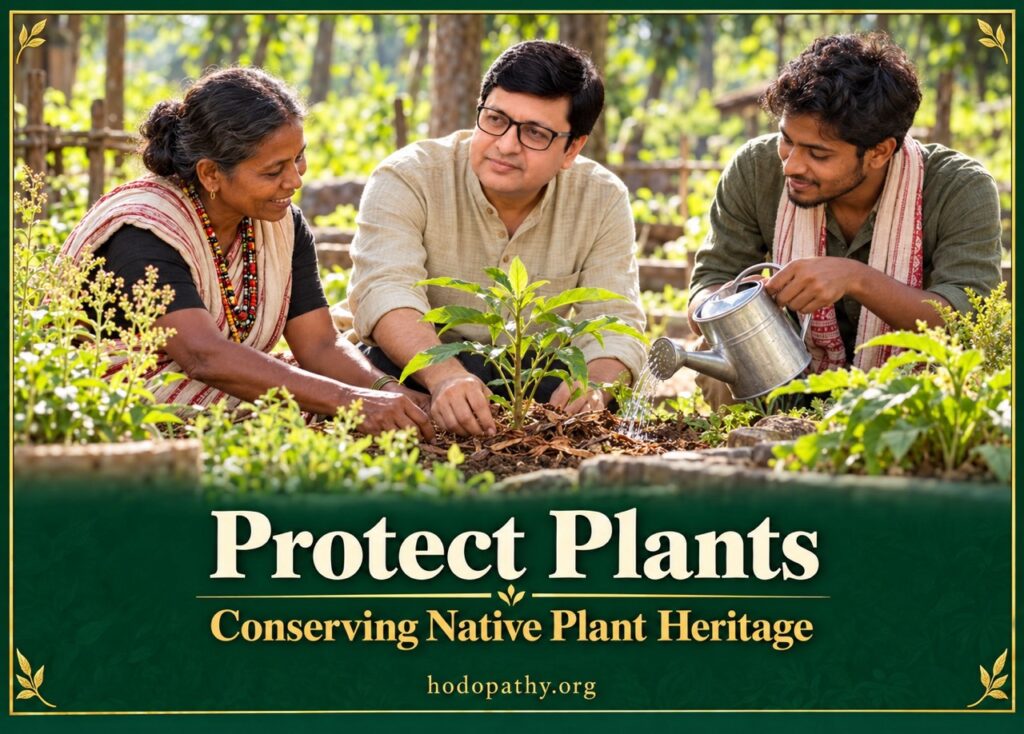 An Adivasi knowledge holder and youth examining native medicinal plants in a Jharkhand community conservation garden.