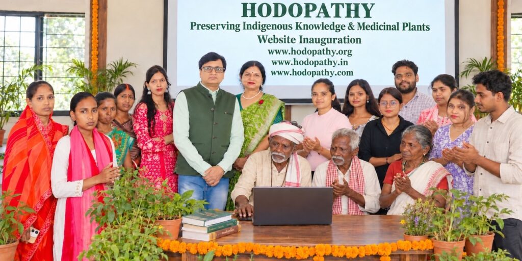 Adivasi elders, traditional knowledge holders, Rajeev Singh and community members at the Hodopathy website inauguration in Giridih on 8 October 2026, preserving indigenous knowledge and medicinal plants.