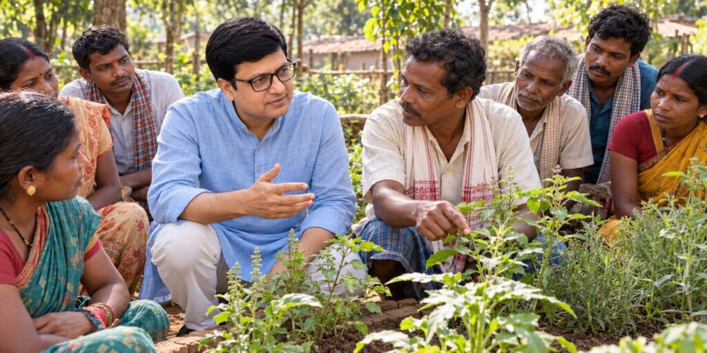 A botanical researcher and local Adivasi elder documenting native medicinal plant species and local names in a Jharkhand forest patch.