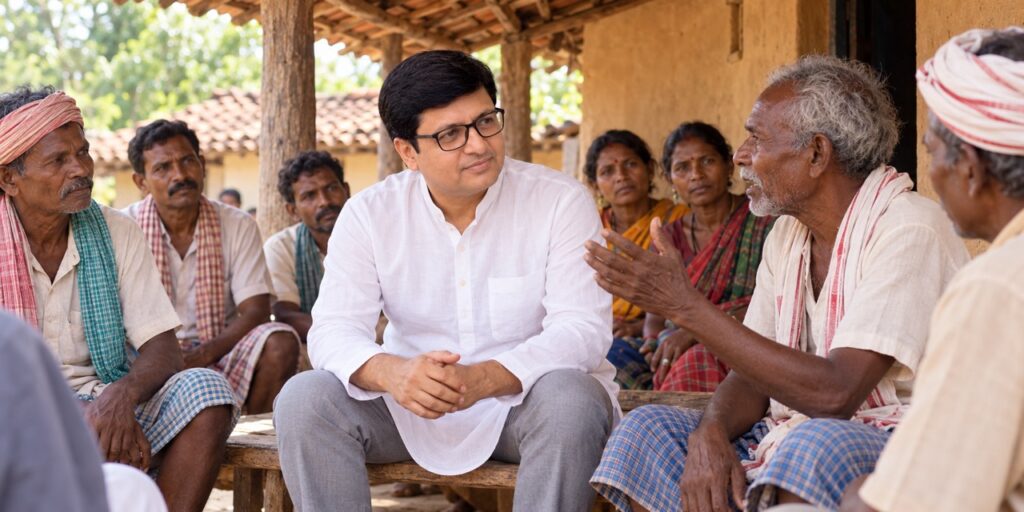 A traditional Adivasi knowledge holder reviewing written health documentation with researchers following prior informed consent protocols.