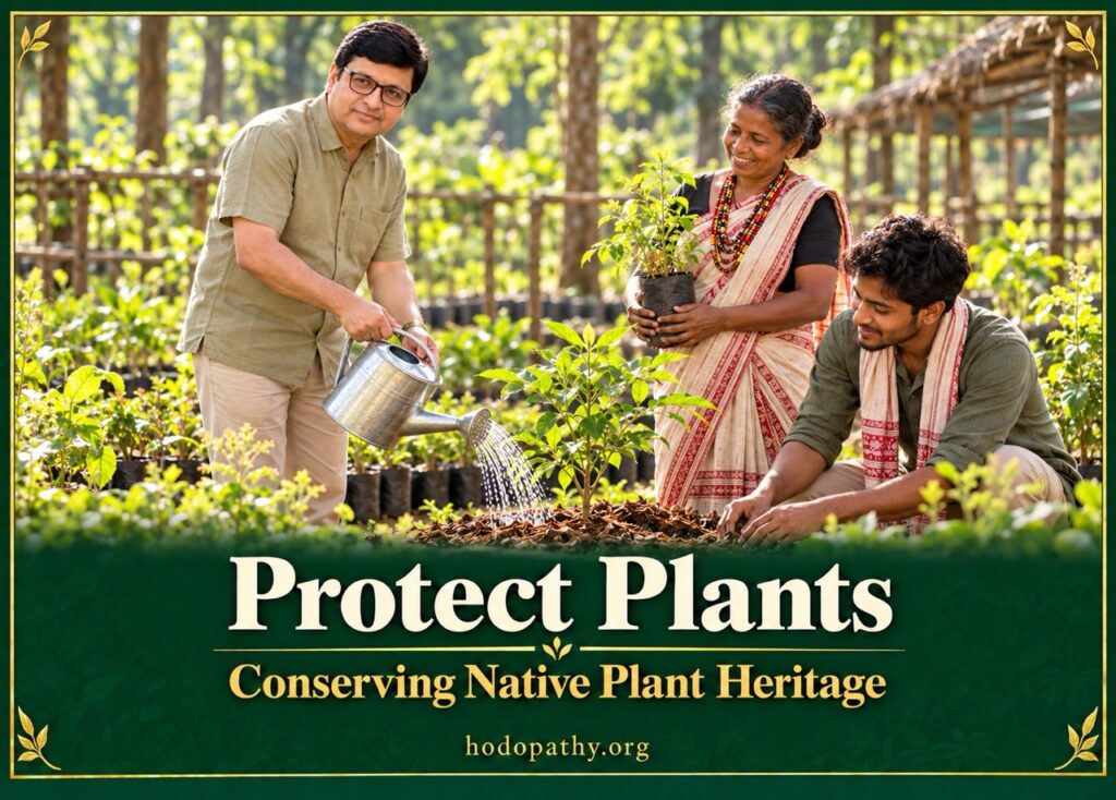An Adivasi knowledge holder and researcher assessing native flora and soil conditions in a protected forest patch in Jharkhand.